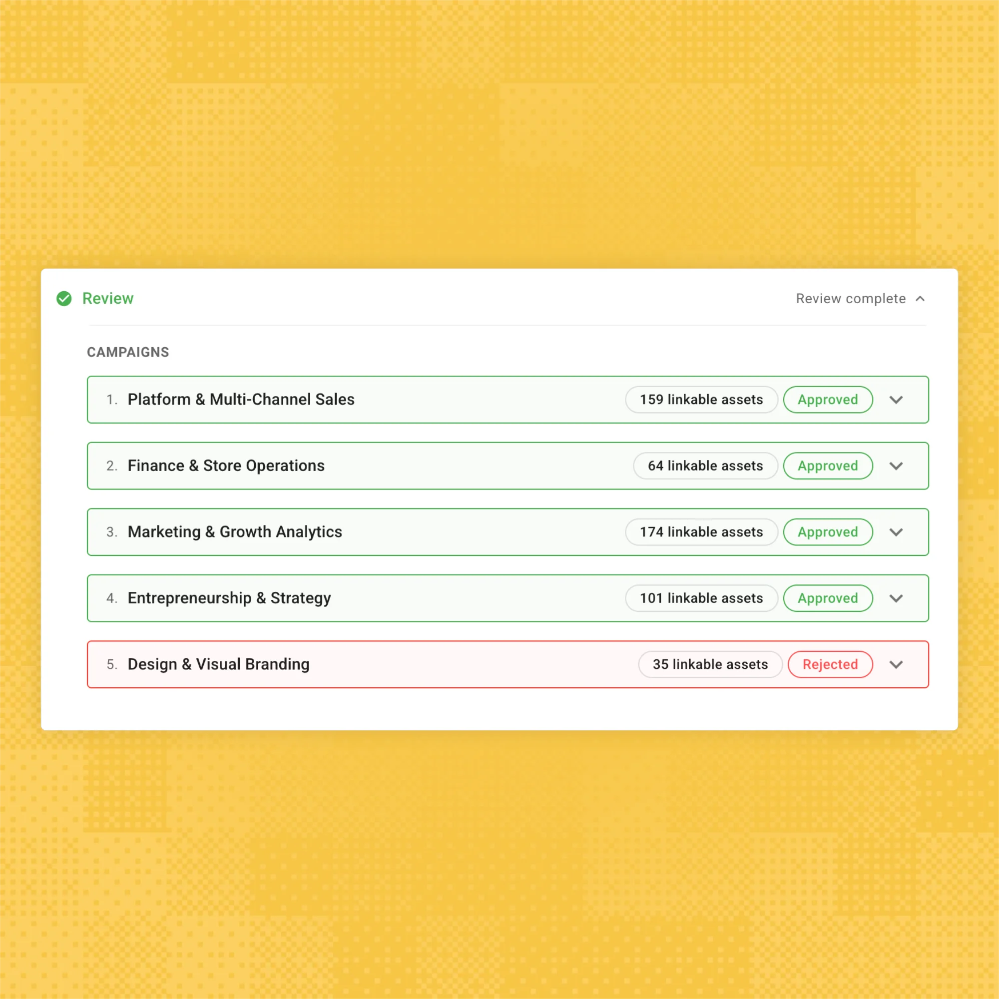 Campaign list showing statuses: four approved campaigns and one rejected design & branding campaign.